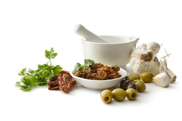 ingredientes: tapenade - mortar and pestle condiment isolated food fotografías e imágenes de stock