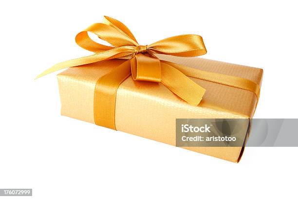 Isolated Golden Gift Box Stock Photo - Download Image Now - Wrapping Paper, Gift, Gold Colored