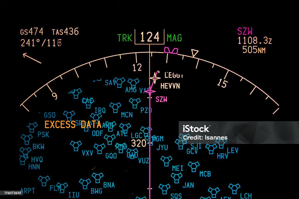 A screen showing excess data over load of information airplane navigation display showing course and gps waypoints Radar Stock Photo