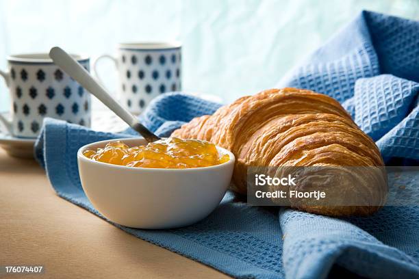 Pastry Stills Croissant And Jam Stock Photo - Download Image Now - Blue, Breakfast, Continental Breakfast
