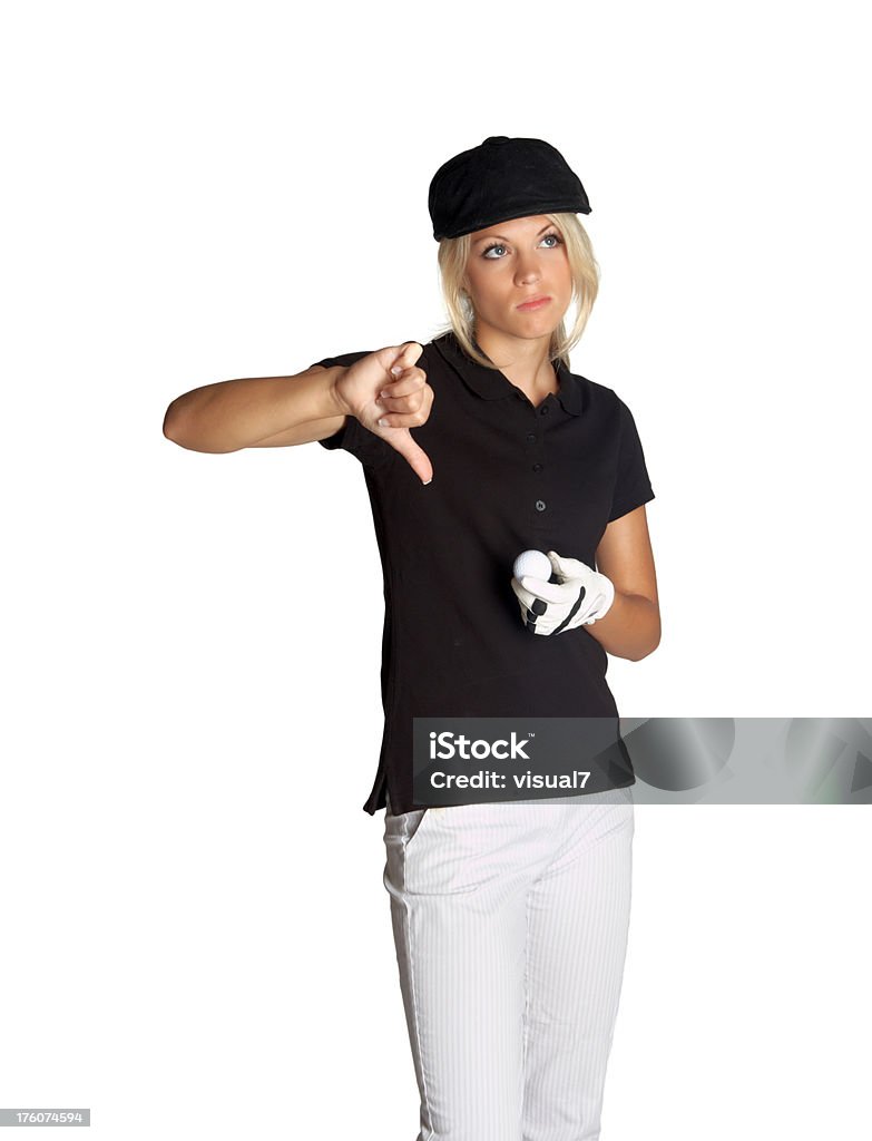 beautiful blonde woman with golf ball and thumbs down "beautiful blonde woman with golf ball and thumbs down, isolated on white background" 20-24 Years Stock Photo