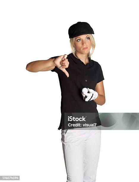 Beautiful Blonde Woman With Golf Ball And Thumbs Down Stock Photo - Download Image Now