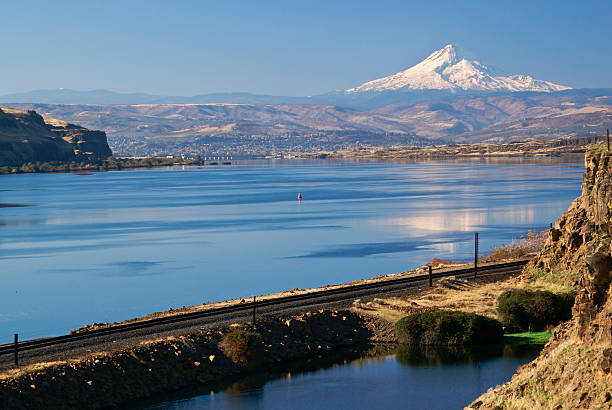 Looking at Columbia River near the Dalles Oregon stock photo