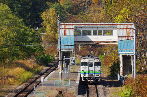Akabira-city, Hokkaido, Japan - October 25, 2023 : Autumn leaves and KIHA 40 Local train at the Moshiri station
