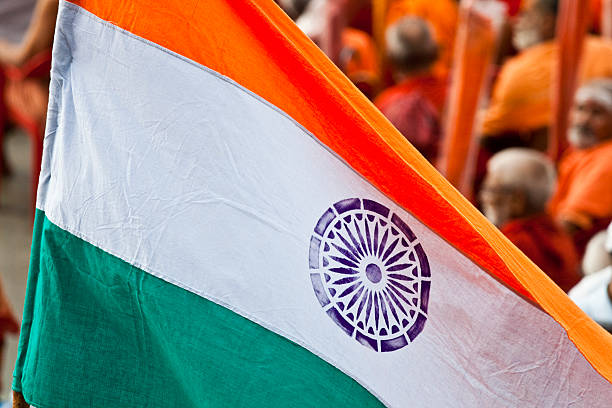 India national fabric flag, textile background. Symbol of international asian world country. Indian state official sign.
