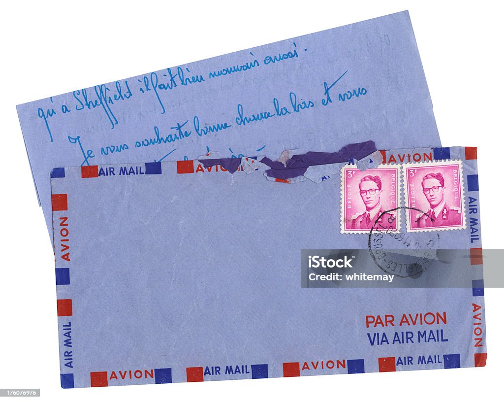 Letter and envelope from Belgium, 1962 "An airmail letter and envelope posted in Brussels, Belgium, in 1962. The letter is written in French and the stamps portray King Baudouin I.Some European mail from my portfolio. Please see my lightboxes for many more." 1960-1969 Stock Photo