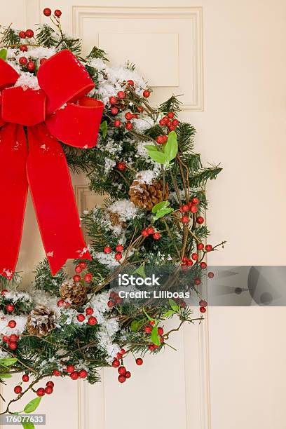 Wreath On A Front Door Stock Photo - Download Image Now - Berry, Celebration Event, Christmas
