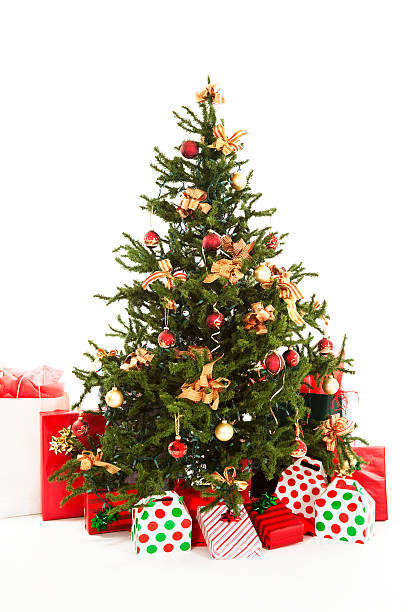 istock Christmas tree with ornaments and presents. Isolated on white background. 176077869