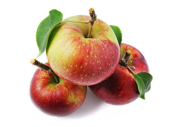 istock Three apples with leaves shot from above on white background 176078434