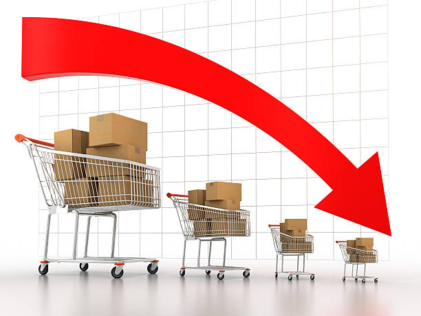 Shopping carts decreasing in size (Clipping path included) Shopping carts decreasing in size with red arrow indicating falling trend (Clipping path included) consumer confidence photos stock pictures, royalty-free photos & images