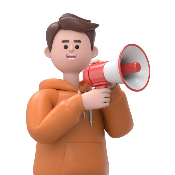 istock 3D illustration of male guy Qadir talking into megaphone, 3D rendering on white background. 1760822135