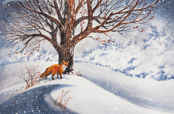 A beautiful painting of a red fox beside a tree in the snow vector art illustration