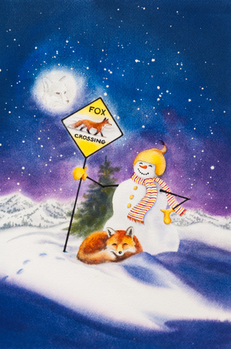 A whimsical watercolor painting of  a red fox and crossing guard snowman.