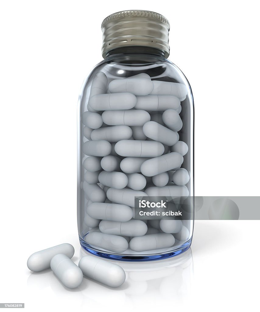 Bottle of pills v3 Glass bottle filled with white pills.Hi-res digitally generated 3d image. Pill Bottle Stock Photo
