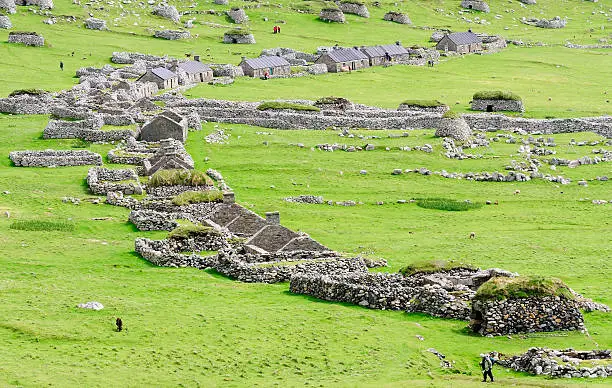 "The main street of ruined cottages on Hirta, the main island of the St Kilda archipelago."