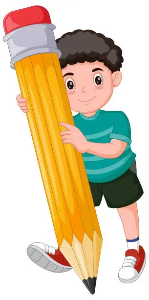 Vector illustration of Cartoon boy cartoon holding a big pencil. Vector illustration