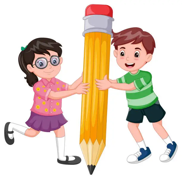 Vector illustration of Cute childrens cartoon holding a big pencil. Vector illustration