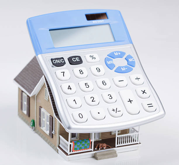 Calculating House Mortgage Calculating house Mortgage for sale sign information sign information symbol stock pictures, royalty-free photos & images