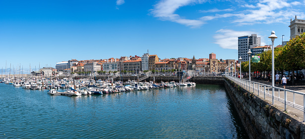 Marina at the Fomento dock in the city of Gijón on the green coast of Asturias. principality of Asturias. Spain. August 1, 2023.
