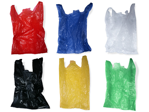 Set collection of plastic bag in various color cut out isolated on white