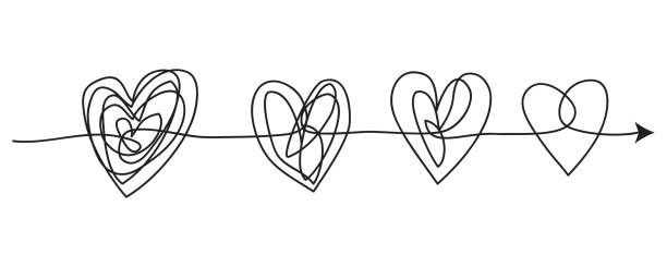 scribble-linien-kritzeleien. herzsymbol im konzept des übergangs von kompliziert zu einfach, isoliert auf weißem hintergrund. vektor-illustrationen - chaos sketch heart shape two dimensional shape stock-grafiken, -clipart, -cartoons und -symbole