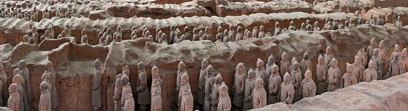 Panoramic view over the iconic figures of the Terracotta Army, the funerary statues of Qin Shi Huang the First Emperor of China, dating from 200BC and discovered outside Xi'an, Shaanxi Province, China. ProPhoto RGB profile for maximum color fidelity and gamut.