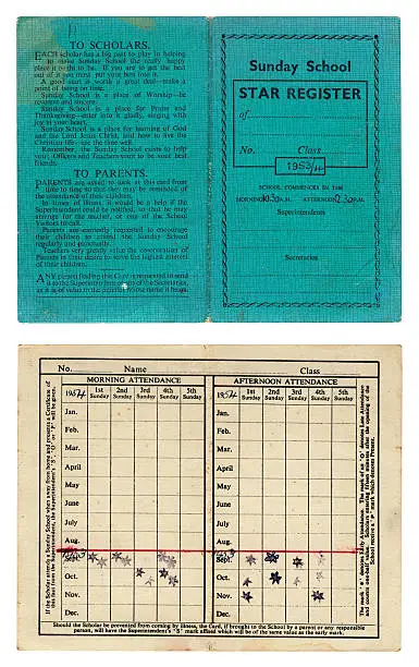 An old Sunday School attendance card from 1953-54, partially completed with attendance stars. All personal details have been removed.