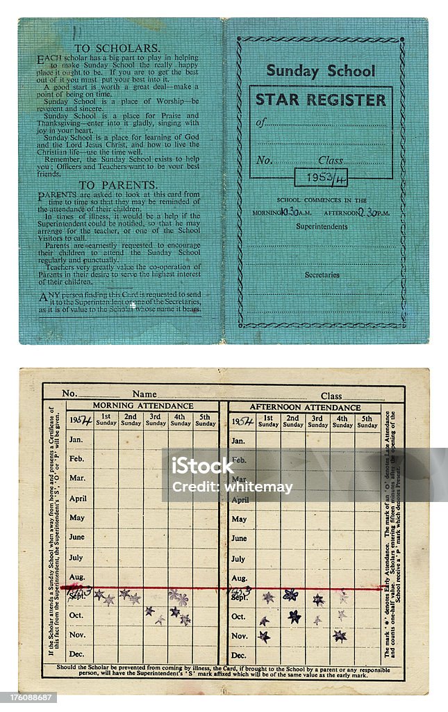 Niedziela School attendance 1953-4 karty - Zbiór zdjęć royalty-free (Wykształcenie)
