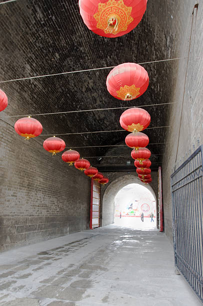 Red lanterns lining the Xian City Wall entrance way. China.