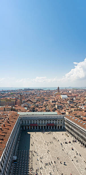 Venice St Marks Square rooftops and tourists aerial blue sky