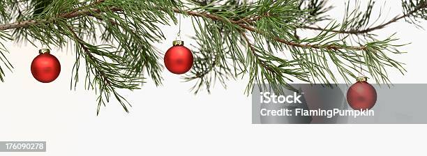 Photo libre de droit de Frontière De Verdure Branche De Pin Rouge Avec Décorations De Noël banque d'images et plus d'images libres de droit de Noël