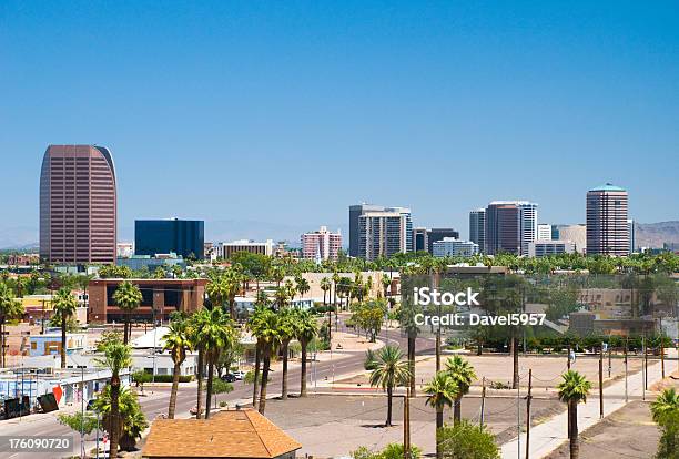 Centro Di Phoenix Skyline E Alberi Di Palma - Fotografie stock e altre immagini di Albero