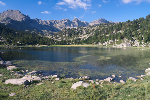 Photo of a beautiful mountain lake in Andorra. Film and grain simulation on processing.
