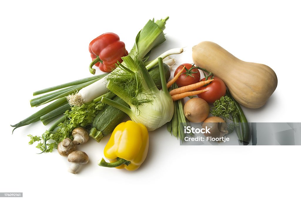 Ingredientes: Puerro, hinojo, ButternutSquash, tipo seta, tomate, cebolla, Bean, BellPepper, SpringOnion - Foto de stock de Agricultura libre de derechos