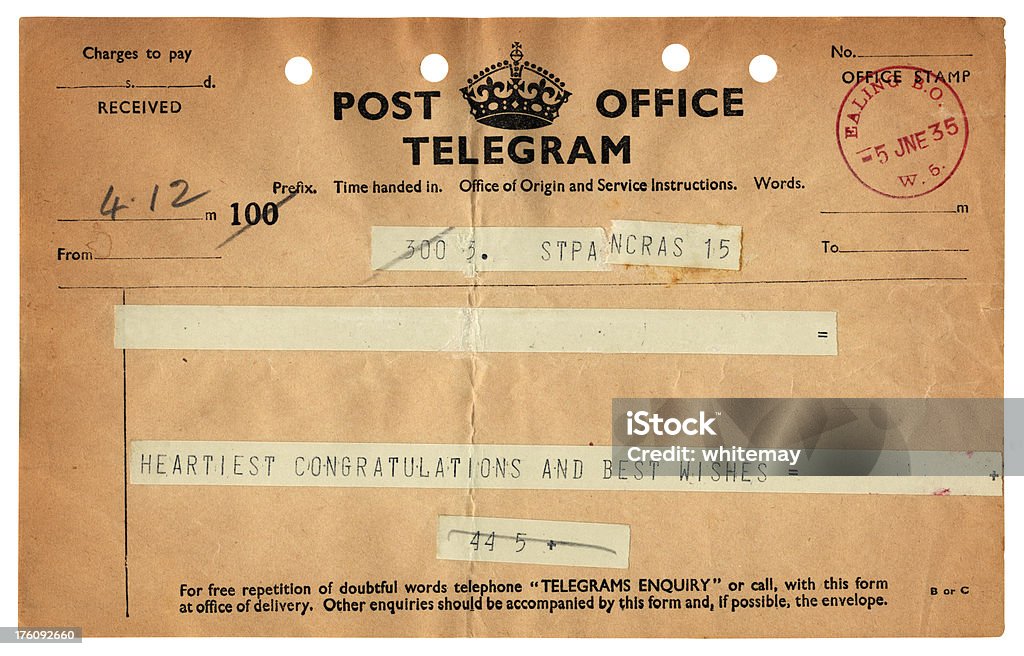 British felicitaciones telegrama, 1935 - Foto de stock de Documento libre de derechos