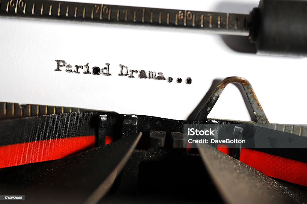 Period Drama Text "Book genre series:Two words, 'Period Drama', a writing or dramatic genre, picked out on a very old and grungy typewriter." Arts Culture and Entertainment Stock Photo