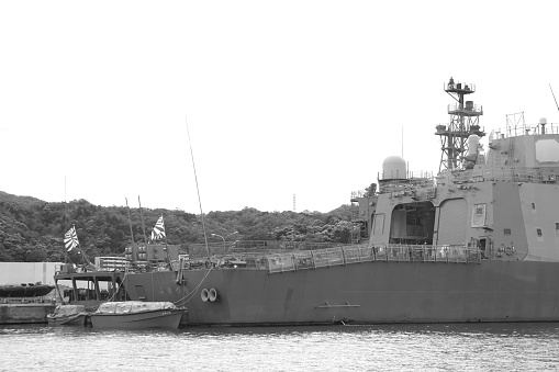 Australian Navy ship in the port, background with copy space, full frame horizontal composition