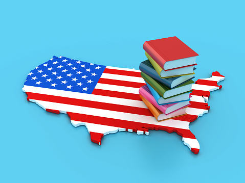 Stack of Books on USA Country Flag - Color Background - 3D Rendering
