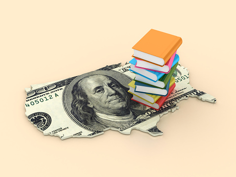 Stack of Books on USA Country Dollar Bill - Color Background - 3D Rendering
