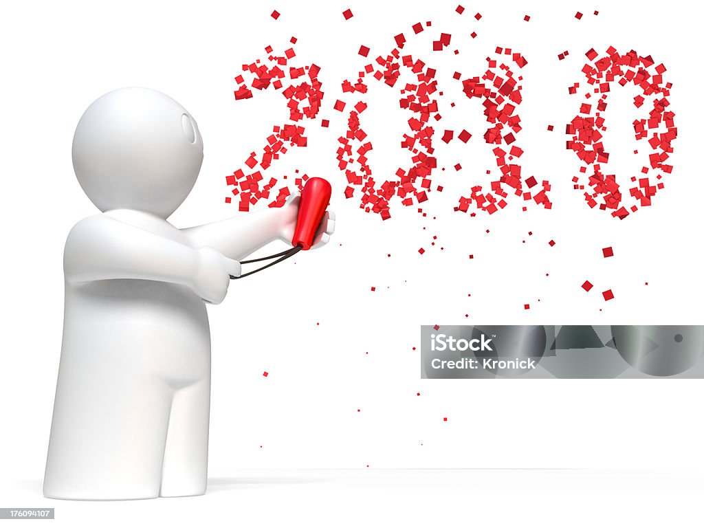 happy new year 2010 3d man shooting with confetti number 2010 of future year on white background, isolated Abstract Stock Photo