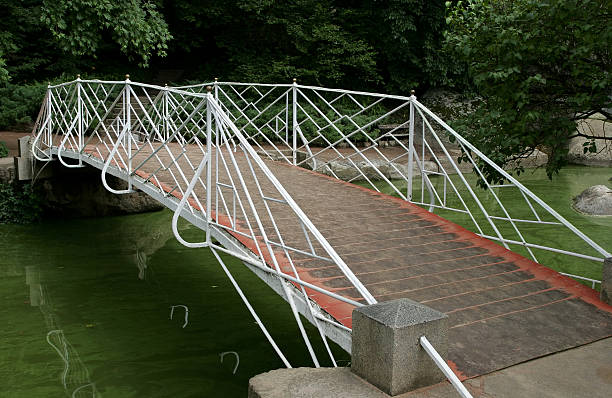 puente peatonal en el parque - pond athwart footbridge bridge fotografías e imágenes de stock