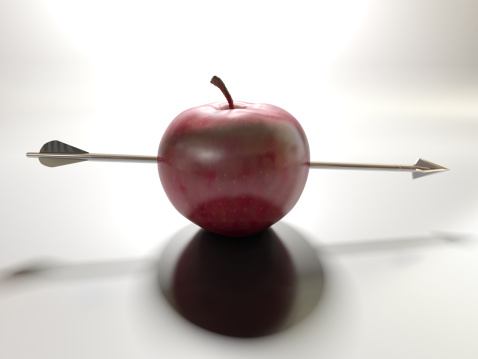 An arrow piercing a red apple. Backlit on a white background. Very high resolution 3D render.