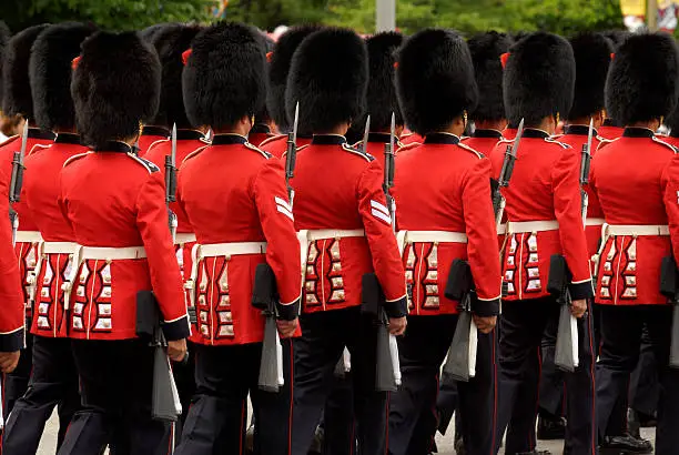"Canadian soldiers in traditional British uniform marching during Canada Day celebration in Ottawa, July 1st 2007"