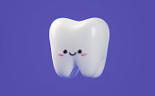 Cute baby kawaii tooth. Cartoon character of a tooth. 3d rendering Illustration for pediatric dentistry