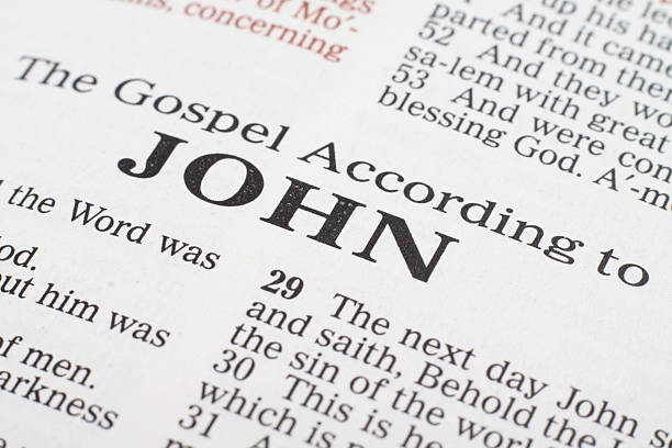 Book of John Macro focused on the title of the Gospel According to John new testament stock pictures, royalty-free photos & images