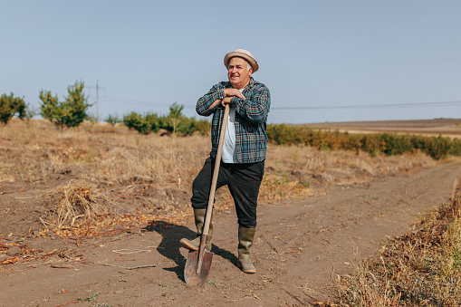 Portrait of an Elderly Hispanic American Farmer with Hat, Gazing into the Camera in the Rustic Countryside. Elderly Farmer Timeless Portrait in the Rustic Farmland