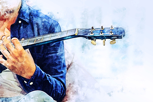 Abstract a man playing acoustic guitar on watercolor illustration painting background.
