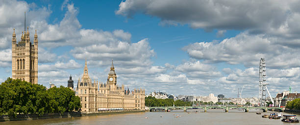 View along the Thames "Panoramic view along the River Thames flowing through the UK's capital city, London under a blue sky filled with white fluffy clouds. Taking in The gothic archetecture of the Houses of Parliament, Westminster Abbey, St Stephens Tower (better known as Big Ben), Waterloo Bridge, The London Eye and County Hall." london county hall stock pictures, royalty-free photos & images
