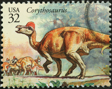 Corythosaurus dinosaur on postage stamp.