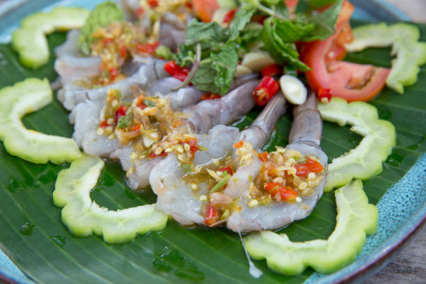 istock Top view of shrimp in fish sauce on banana leaf, focus selective 1761006898